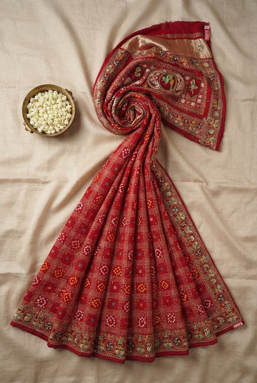 Elegant Red Silk Georgette Hand-Embroidered Bandhani Saree With Traditional Zardozi Border