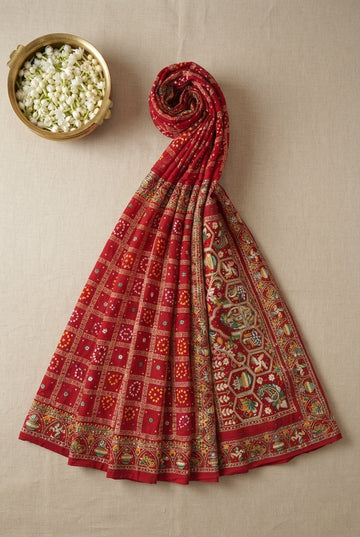 Elegant Crimson Red Bandhani Saree With Traditional Ghar Chola Checks And Ornate Pallu