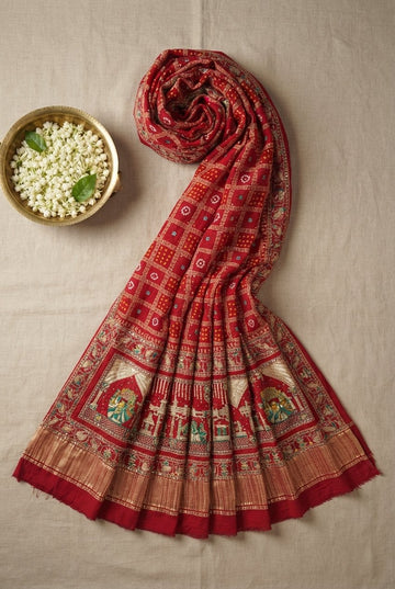 Elegant Red Bandhani Georgette Saree With Intricate Zari Border And Traditional Pictorial Pallu