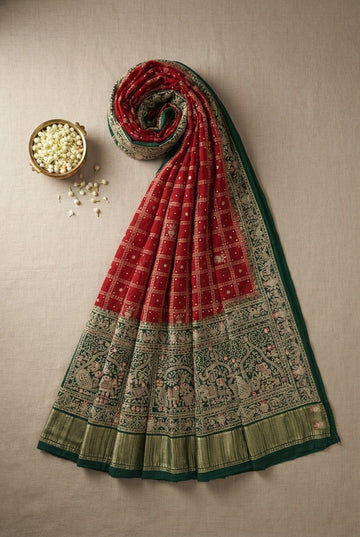 Traditional Red And Green Bandhani Print Saree With Intricate Kalamkari Pattern Border