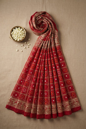 Elegant Crimson Red Bandhani Print Saree With Intricate Golden Zari Border