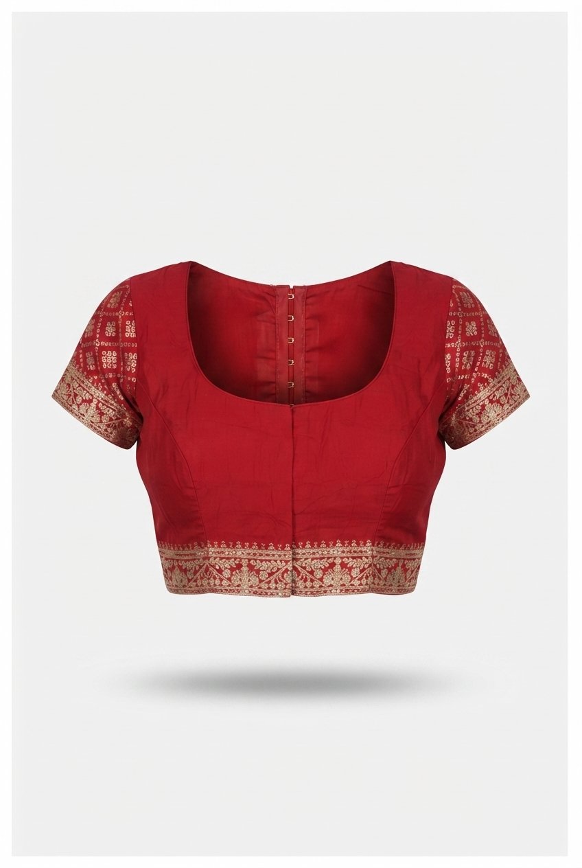 Elegant Crimson Red Bandhani Print Saree With Intricate Golden Zari Border