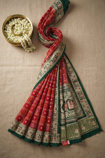 Elegant Crimson Red And Forest Green Bandhani Saree With Ornate Zari Border