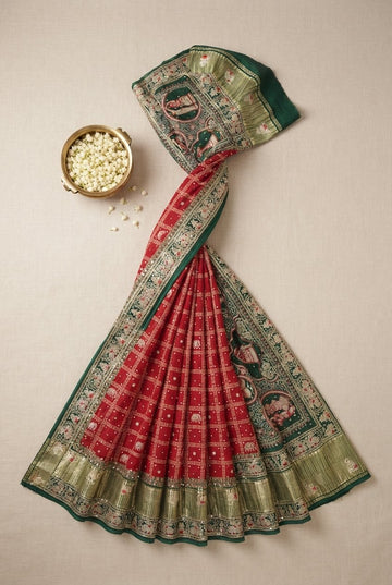 Elegant Red And Emerald Green Gharchola Silk Saree With Traditional Zari And Figurative Borders