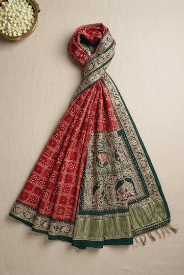 Royal Red And Green Silk Bandhani Saree With Traditional Embroidered Pallu