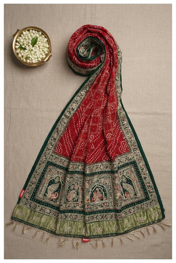 Elegant Red Gharchola Silk Saree With Contrast Green Embroidered Pallu