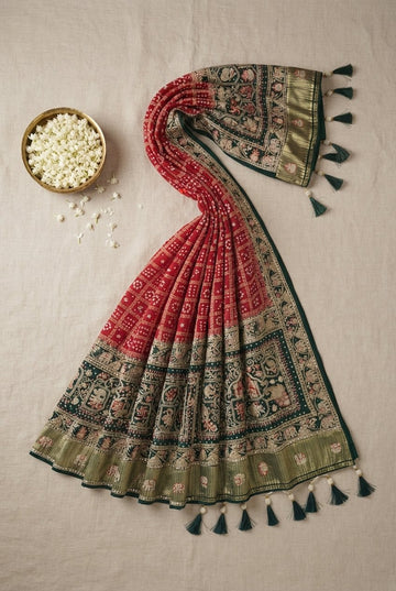Elegant Red And Green Bandhani Georgette Saree With Rich Zari Border
