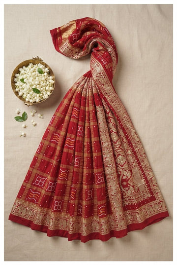 Elegant Red Gharchola Bandhani Georgette Saree With Heavy Zari Border And Elephant Motifs