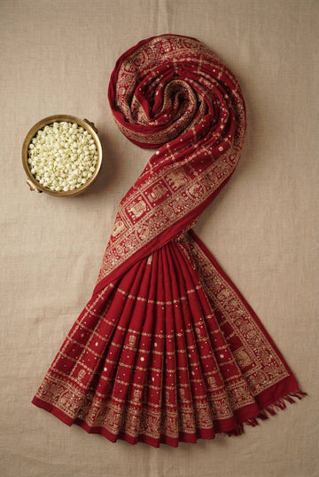 Elegant Crimson Red Georgette Saree With Traditional Golden Zari Borders