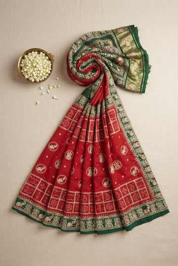 Elegant Red And Green Silk Blend Saree With Traditional Elephant And Paisley Motifs