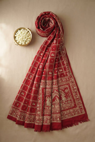 Crimson Red Hand-Embroidered Georgette Saree With Traditional Folk Art Pallu