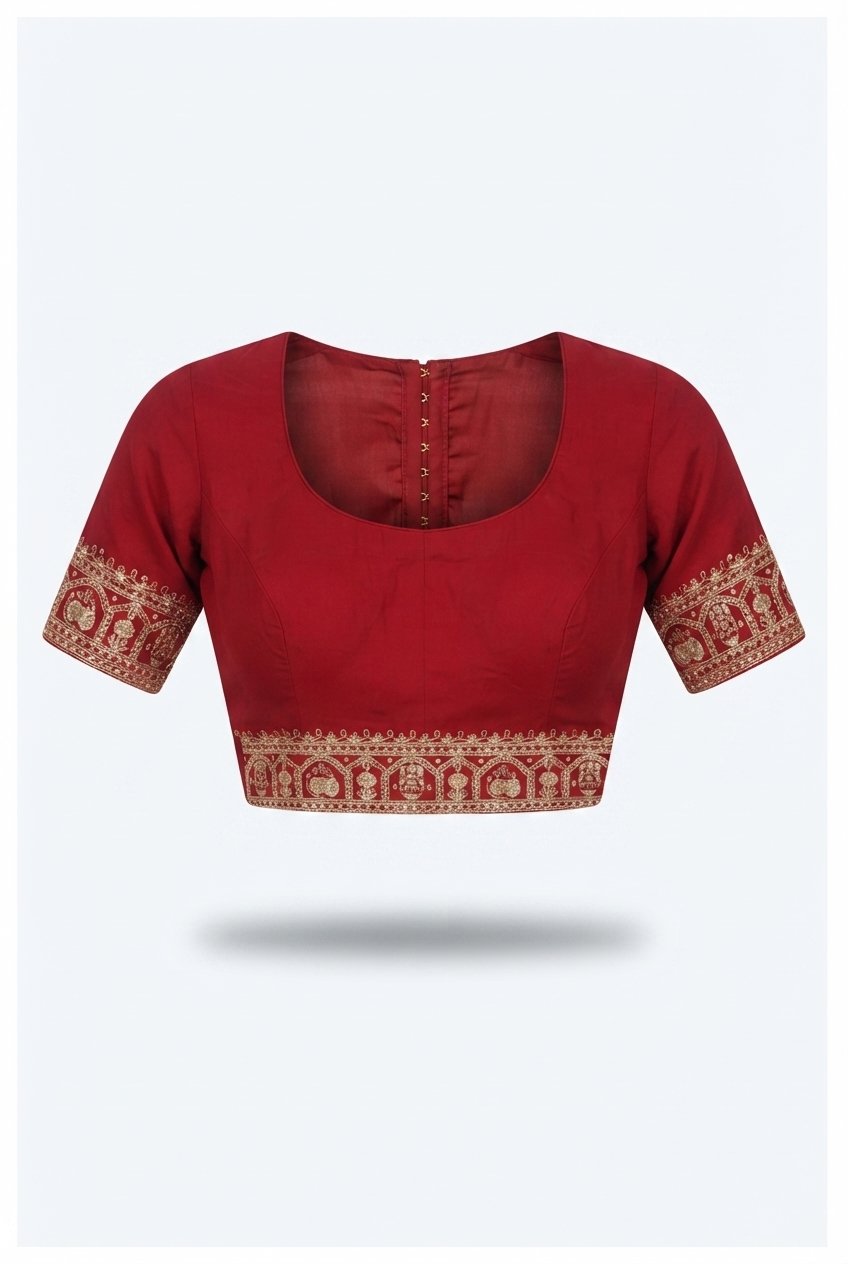 Crimson Red Hand-Embroidered Georgette Saree With Traditional Folk Art Pallu