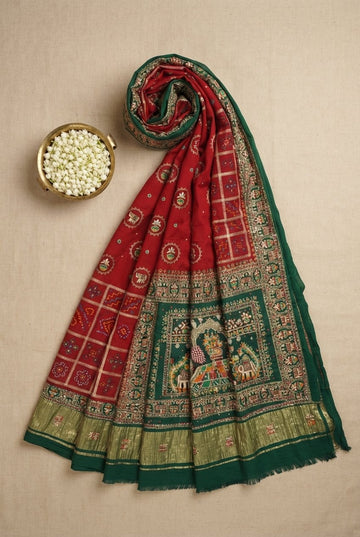 Crimson Red And Forest Green Silk Georgette Saree With Exquisite Handcrafted Zardozi And Traditional Bandhani Patterns