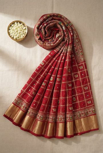 Crimson Red Silk Saree With Gold Zari Checks, Elephant Motifs And Ornate Embroidered Border