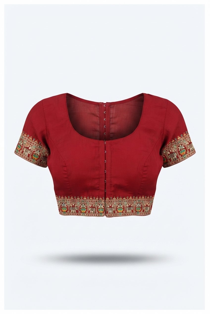 Crimson Red Silk Saree With Gold Zari Checks, Elephant Motifs And Ornate Embroidered Border