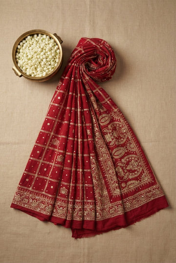 Royal Crimson Red Georgette Saree With Ornate Golden Zari Grid And Intricate Pallu