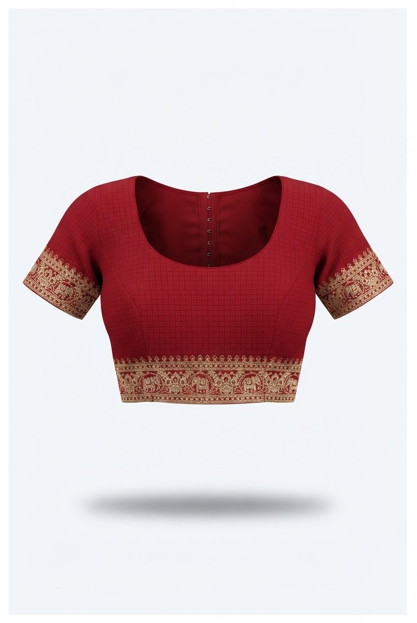 Royal Crimson Red Georgette Saree With Ornate Golden Zari Grid And Intricate Pallu