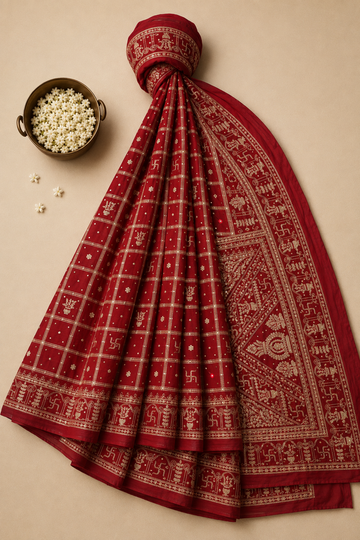 Elegant Crimson Red Georgette Saree With Ornate Golden Zari And Auspicious Motifs