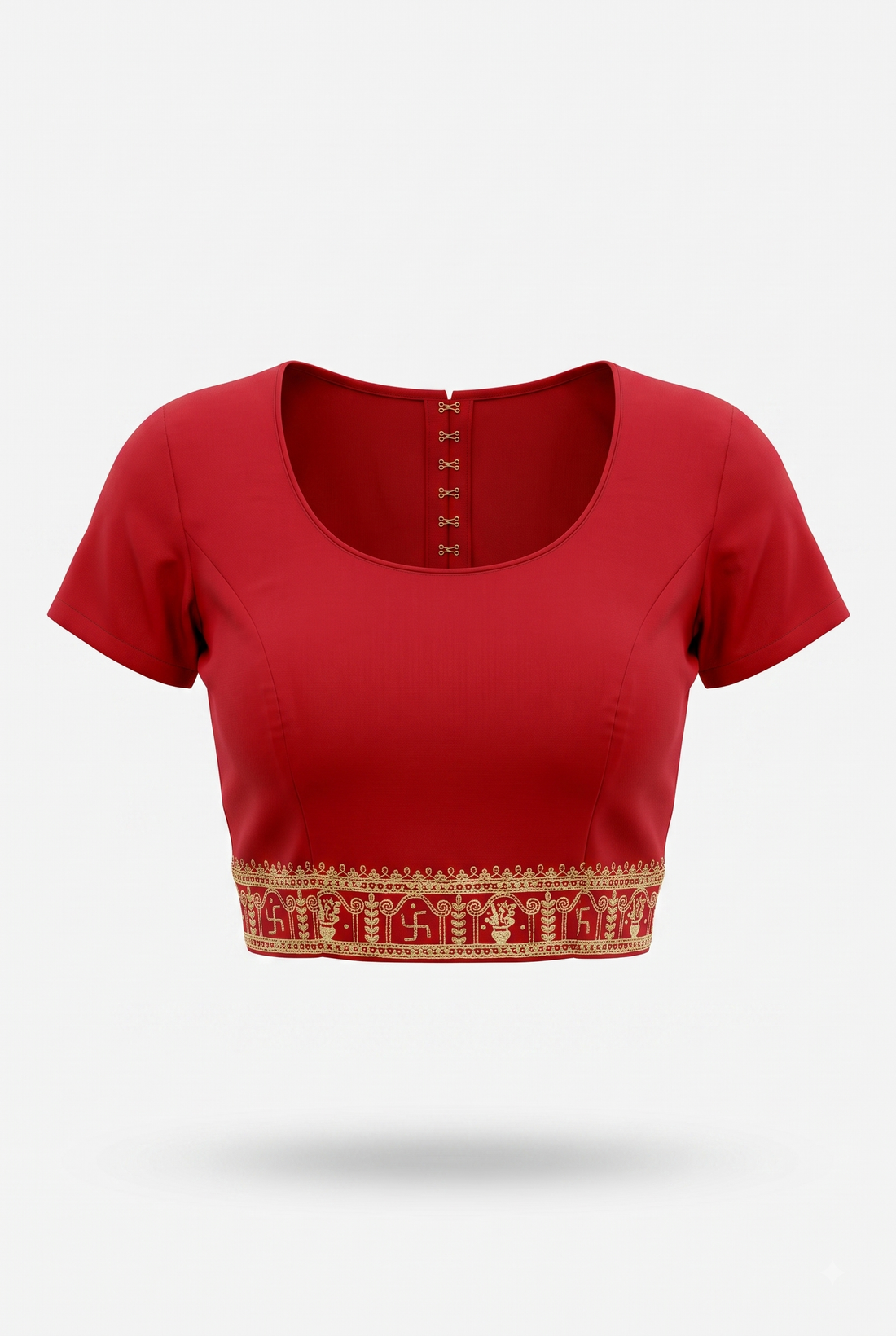 Elegant Crimson Red Georgette Saree With Ornate Golden Zari And Auspicious Motifs