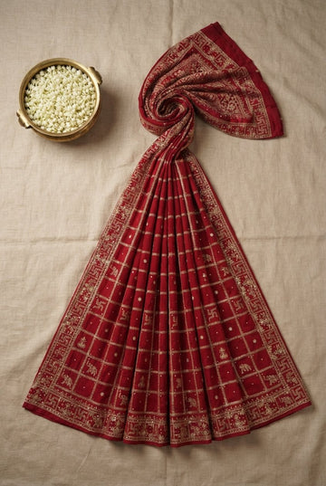 Crimson Red Georgette Saree With Golden Zari Grid And Auspicious Motifs