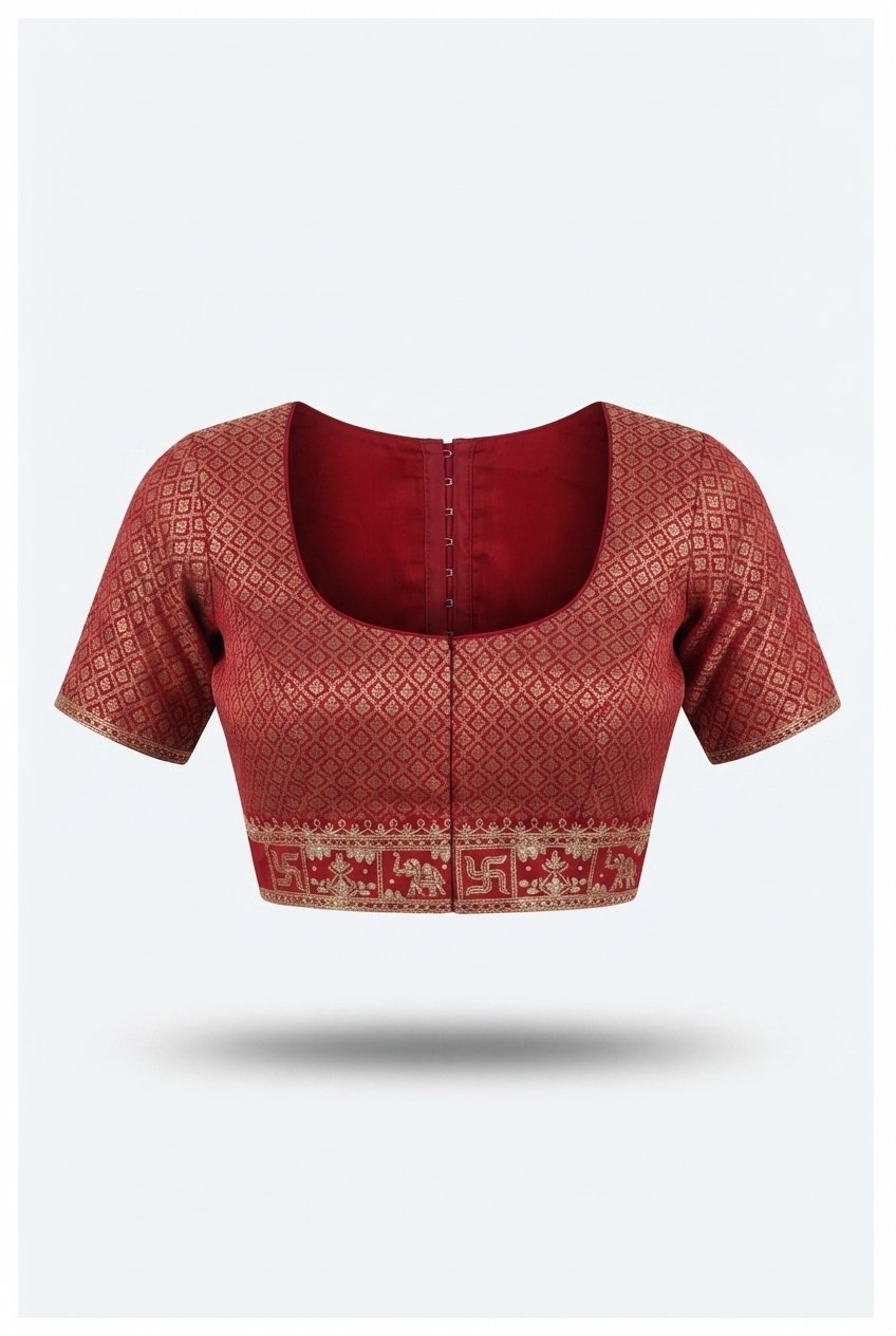 Crimson Red Georgette Saree With Golden Zari Grid And Auspicious Motifs