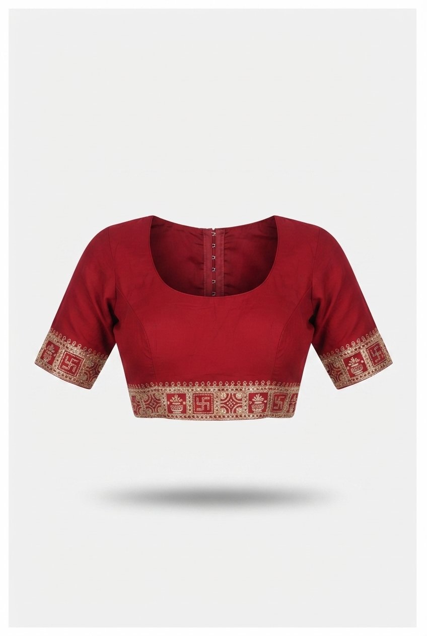 Traditional Crimson Red Saree With Gold Zari Grid And Auspicious Motifs
