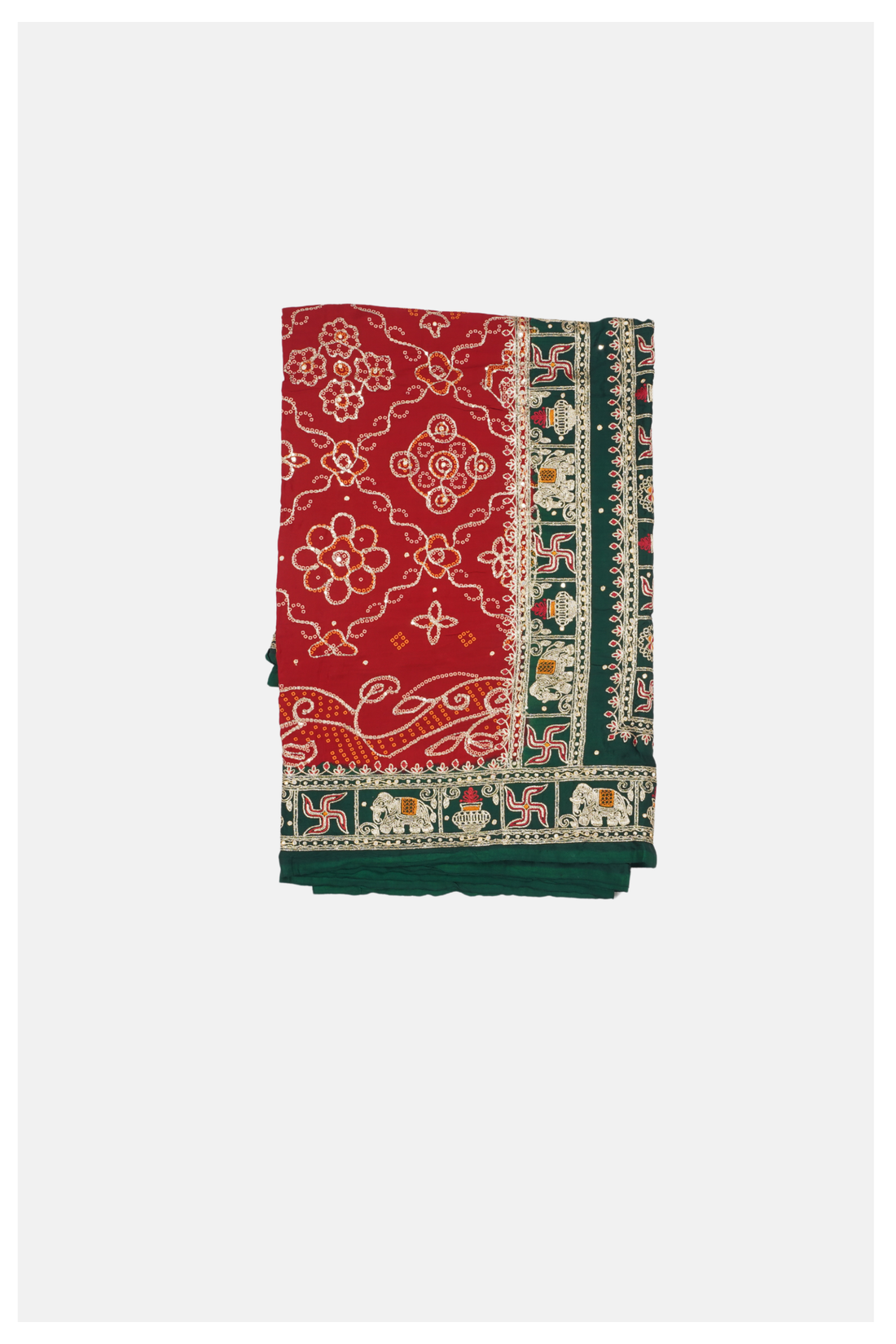 Traditional Red And Green Bandhani Georgette Saree With Embroidered Zari Border