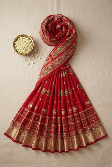 Exquisite Crimson Red Georgette Saree With Heritage Embroidery And Zari Border
