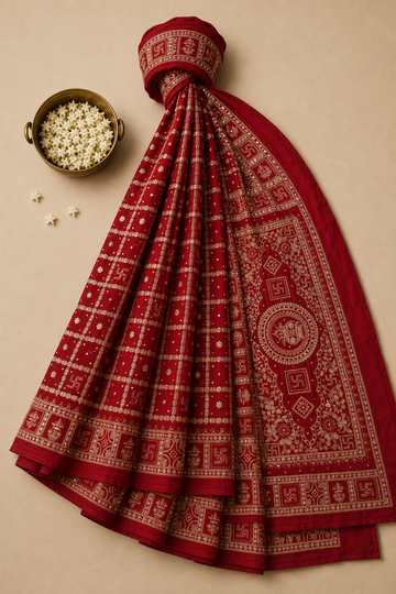 Crimson Red Georgette Saree With Auspicious Swastik And Kalash Hand Embroidery
