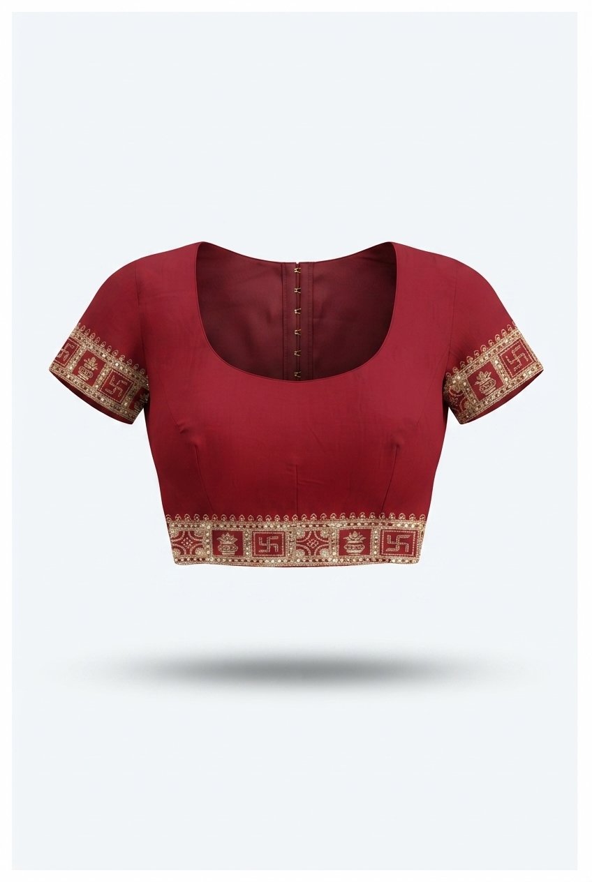 Crimson Red Georgette Saree With Auspicious Swastik And Kalash Hand Embroidery