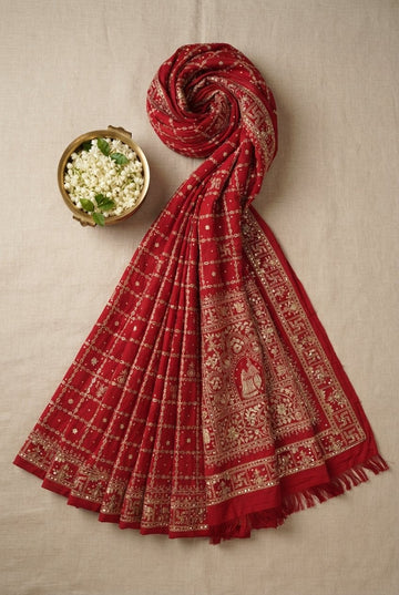 Elegant Red Festive Saree With Intricate Golden Zari Embroidery And Traditional Motifs