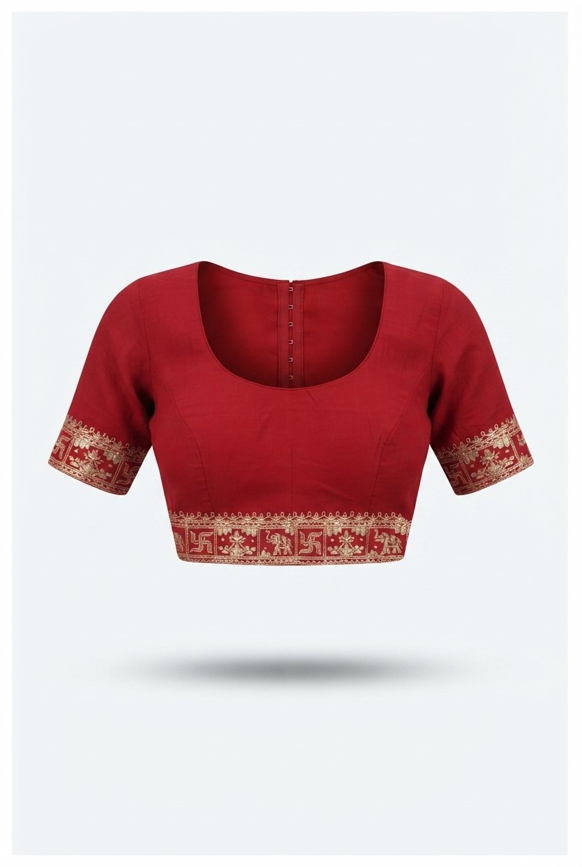 Elegant Red Festive Saree With Intricate Golden Zari Embroidery And Traditional Motifs