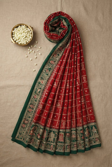 Elegant Red And Green Silk-Blend Saree With Traditional Heritage Borders And Zari Detailing