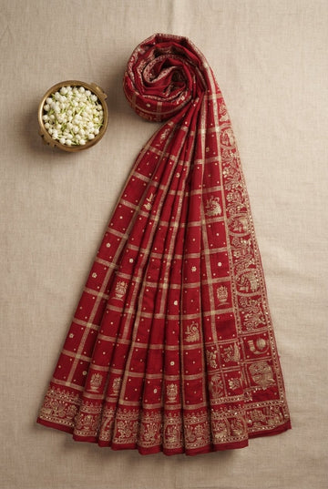 Elegant Deep Red Silk Saree With Traditional Gold Zari Checks And Embroidered Motifs