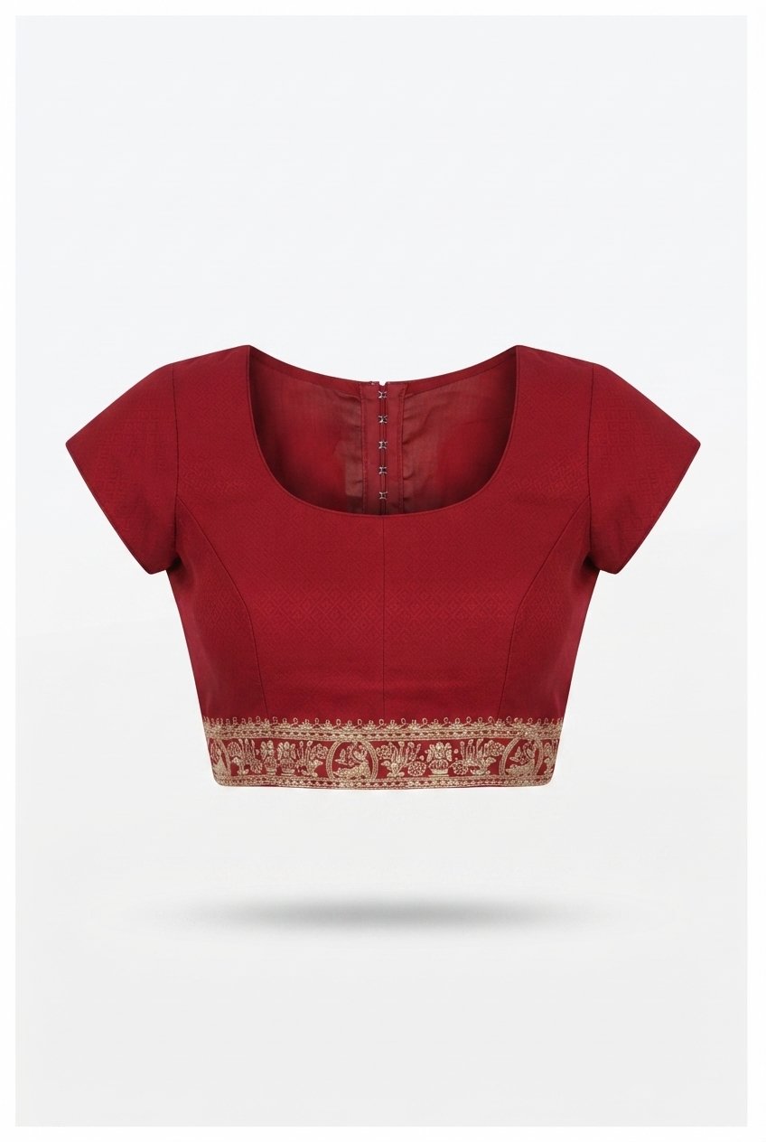Elegant Deep Red Silk Saree With Traditional Gold Zari Checks And Embroidered Motifs