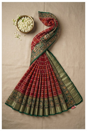 Elegant Maroon And Green Traditional Bandhani Silk Saree With Zari Border