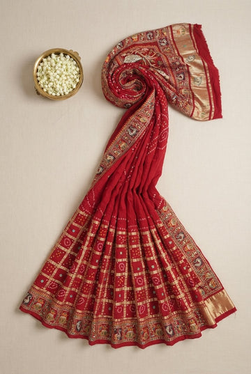 Exquisite Red Bandhani Gharchola Saree In Gaji Silk With Zari Grid And Figurative Border
