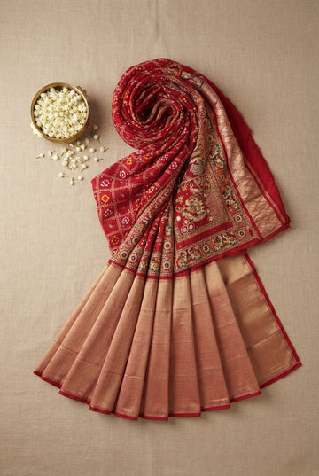 Exquisite Red Bandhani Silk Saree With Traditional Kalamkari Pallu And Golden Beige Pleats