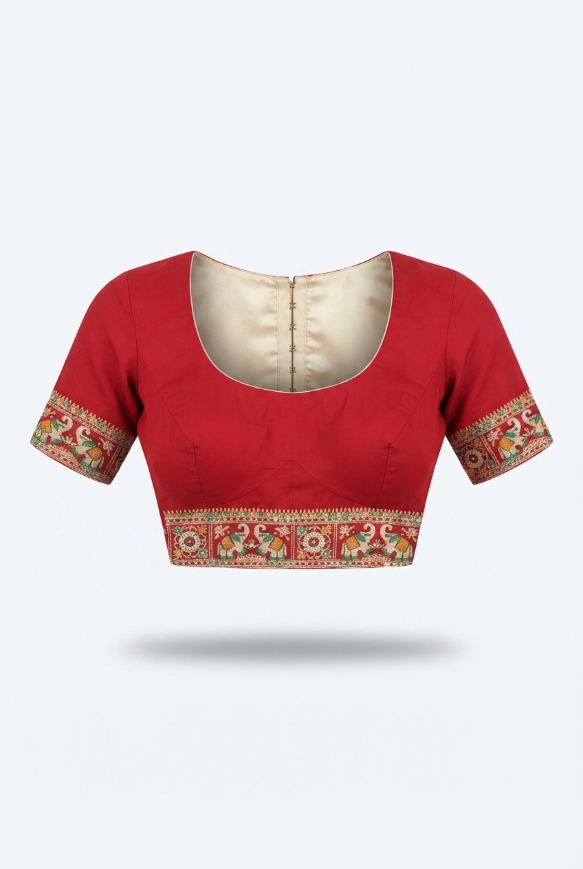 Exquisite Red Bandhani Silk Saree With Traditional Kalamkari Pallu And Golden Beige Pleats