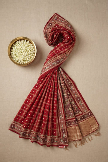 Elegant Crimson Red Silk Saree With Traditional Zari Checks And Elephant Motif Border
