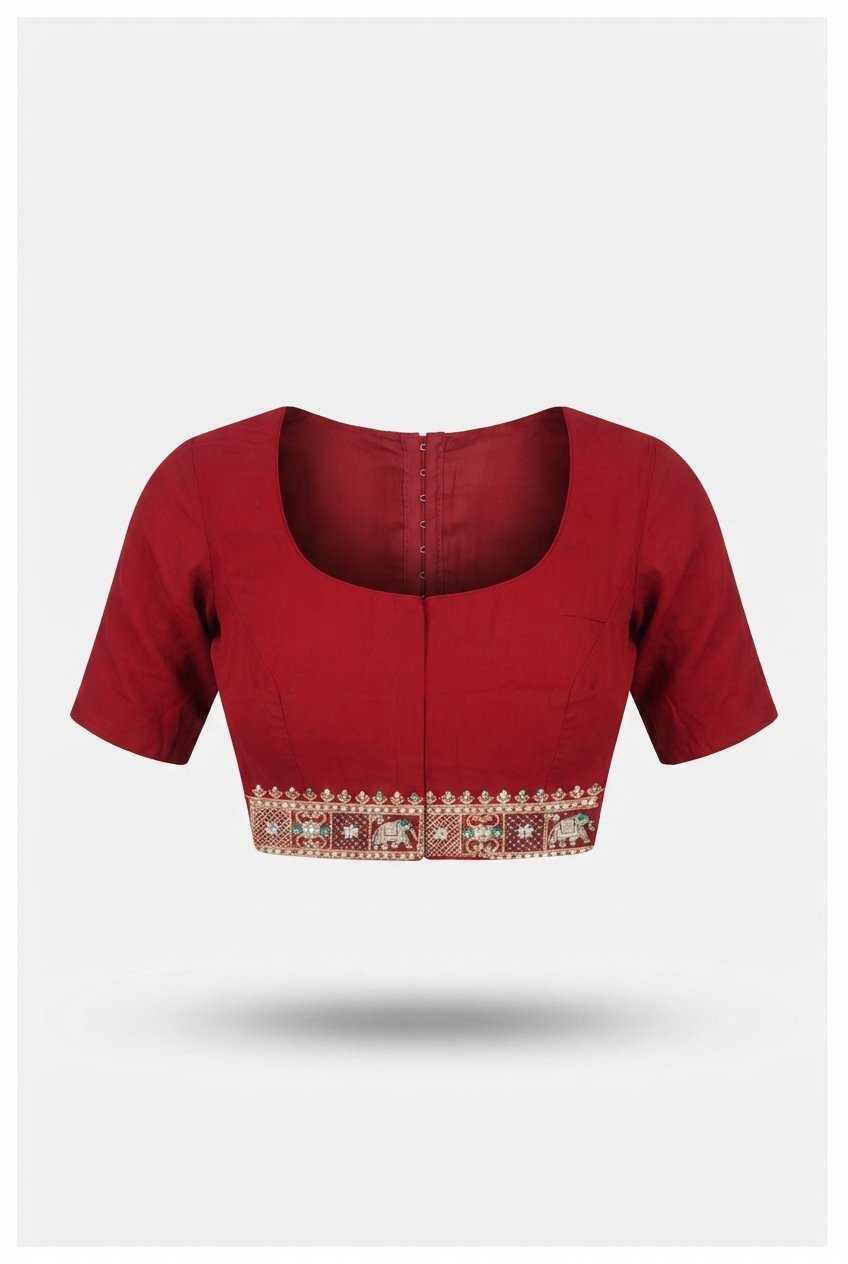 Elegant Crimson Red Silk Saree With Traditional Zari Checks And Elephant Motif Border