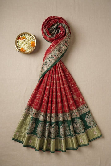 Elegant Red And Green Traditional Silk Saree With Peacock Zari Border