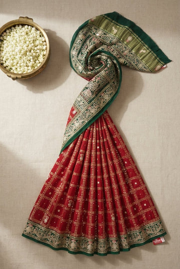 Elegant Red And Deep Green Silk Saree With Golden Grid Pattern And Traditional Zari Border
