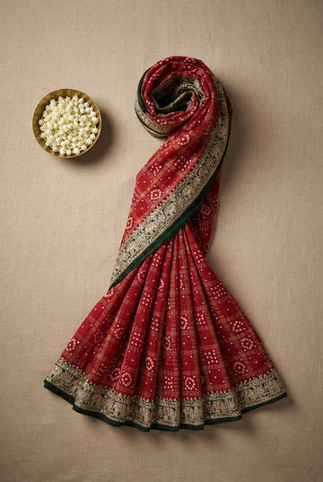 Elegant Red Bandhani Saree With Embroidered Green Elephant Zari Border