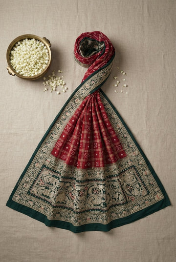 Crimson Red And Forest Green Silk Saree With Intricate Traditional Embroidery