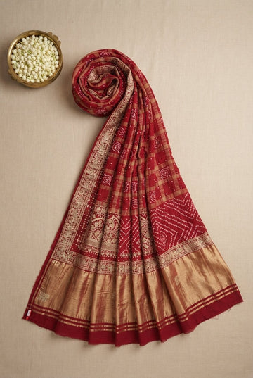 Elegant Crimson Red Handloom Bandhani Saree With Antique Gold Zari Border