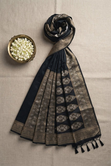 Elegant Navy Blue Banarasi Silk Saree With Traditional Gold Zari Border