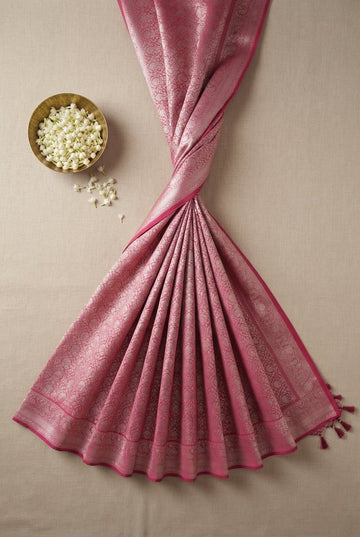 Rani Pink Handwoven Banarasi Silk Saree With Intricate Silver Zari Brocade
