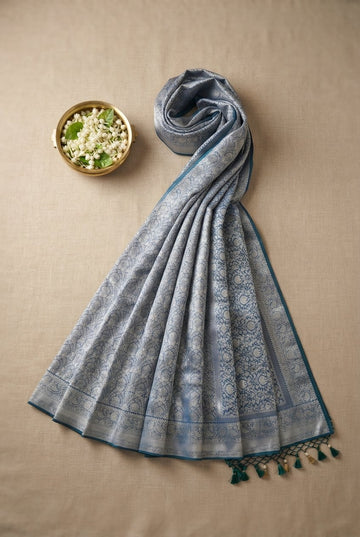 Steel Blue Banarasi Silk Saree With Elegant Silver Zari Jaal And Tassels