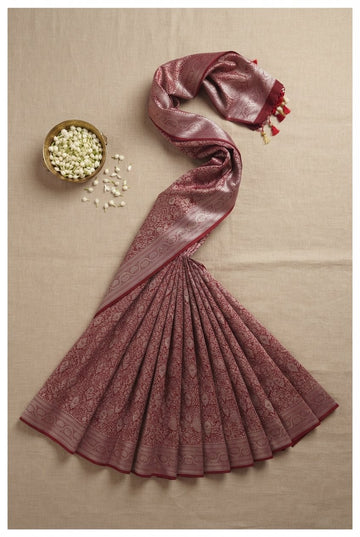 Handwoven Maroon Banarasi Silk Saree With Elegant Silver Zari Jaal